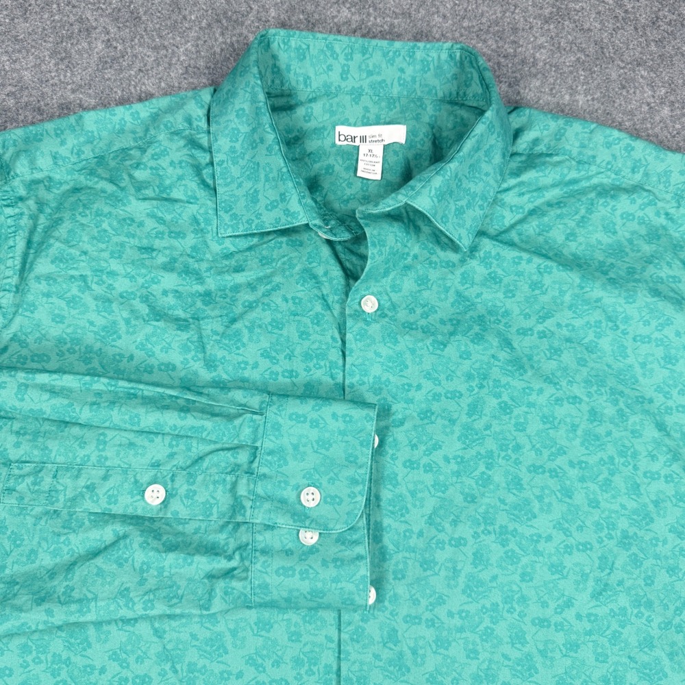 Bar III Mens Slim Fit Stretch Organic Cotton Floral Shirt Teal Green XL 17-17.5